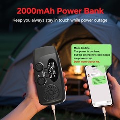 Solar Emergency Hand Crank NOAA Weather Radio with AM/FM, 2000mAh USB Phone Char