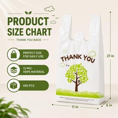 500 Count Plastic T-Shirt Bags, 11″ X 6″ X 21″, White-Green Tree, Grocery & Take