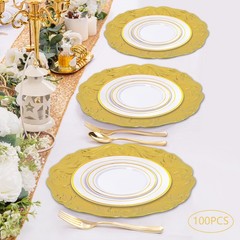 100 Pack Gold Plastic Charger Plates, 12.8 Inch, Spray Painted, for Wedding Part