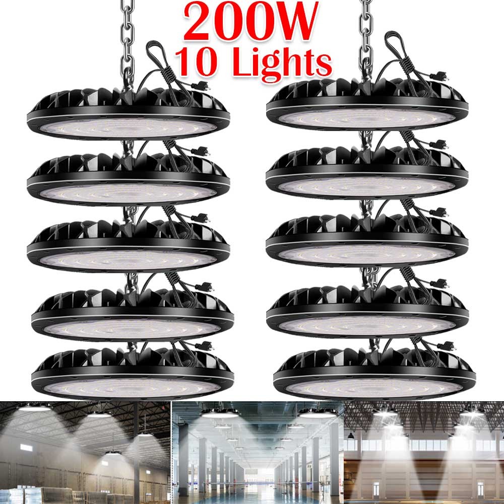 10 Pack 200W UFO LED High Bay Light Factory Warehouse Commercial Light Fixtures