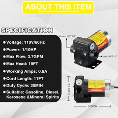 110V AC Self-Priming Gasoline Fuel Oil Transfer Pump with Reversible Pumping Swi