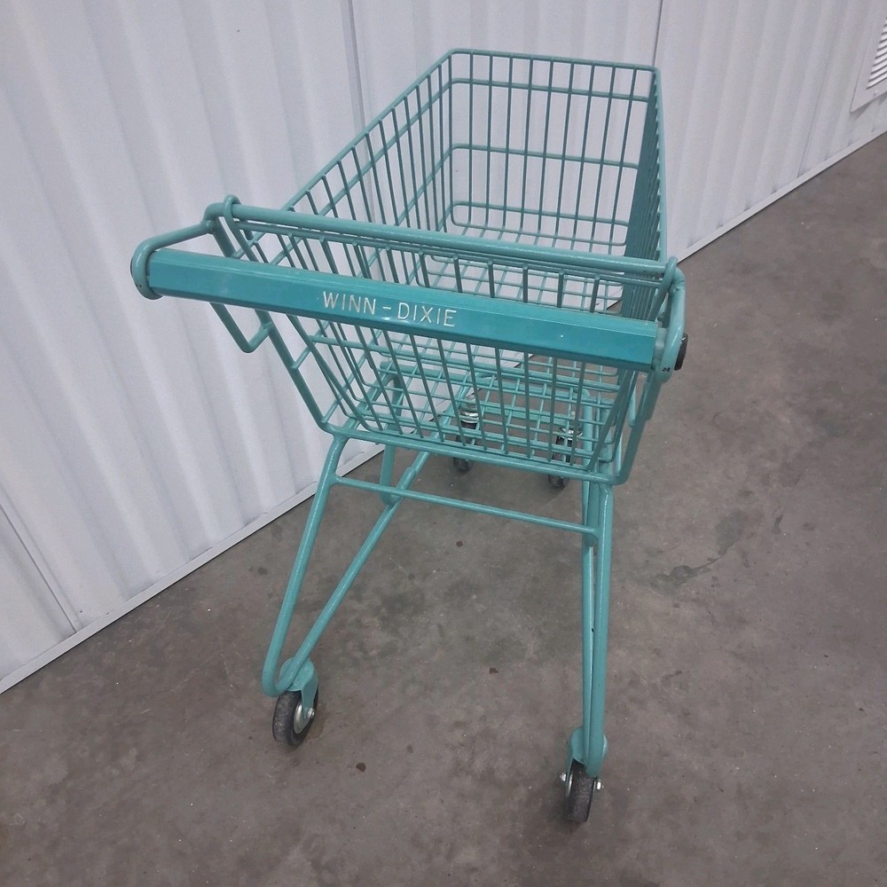 Vintage 70’s Winn-Dixie Teal Child’s Small Shopping Cart 25″ Metal Grocery Buggy