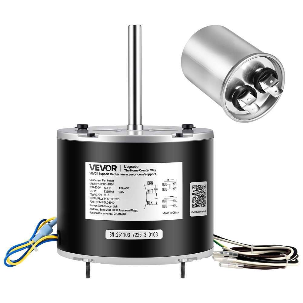 VEVOR Condenser Fan Motor with Capacitor 1/4HP 825RPM 208-230V CW/CCW Rotation