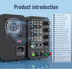 Fuente de alimentación DC 0-32V 10A con ajuste fino, USB y pantalla LED de 4 díg