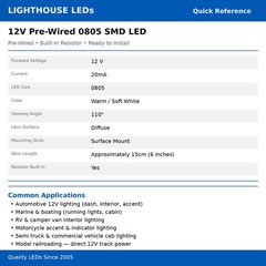 100 x 12v 0805 2012 Warm Soft White Micro SMD LED Pre-Wired Light Soldered Leads