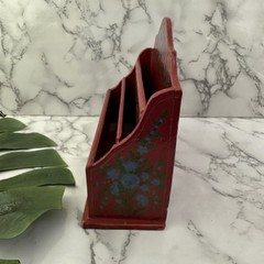 Vintage 90s Mail File Organizer Red Blue Floral Painted Wood India Desk Office