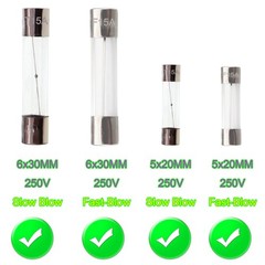 24 Values 222Pcs 250V Fast Slow Blow Glass Fuses Assorted Kit 6X30MM 250V T 0.5A