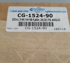Chemglass CG-1524-90 250mL 3-Neck Glass Round Bottom Flask 29/26 Jts Angled