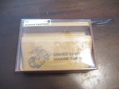 UNITED STATES MARINE CORPS OAK WOODEN BUSINESS CARD HOLDER LAZER ETCHED IOB