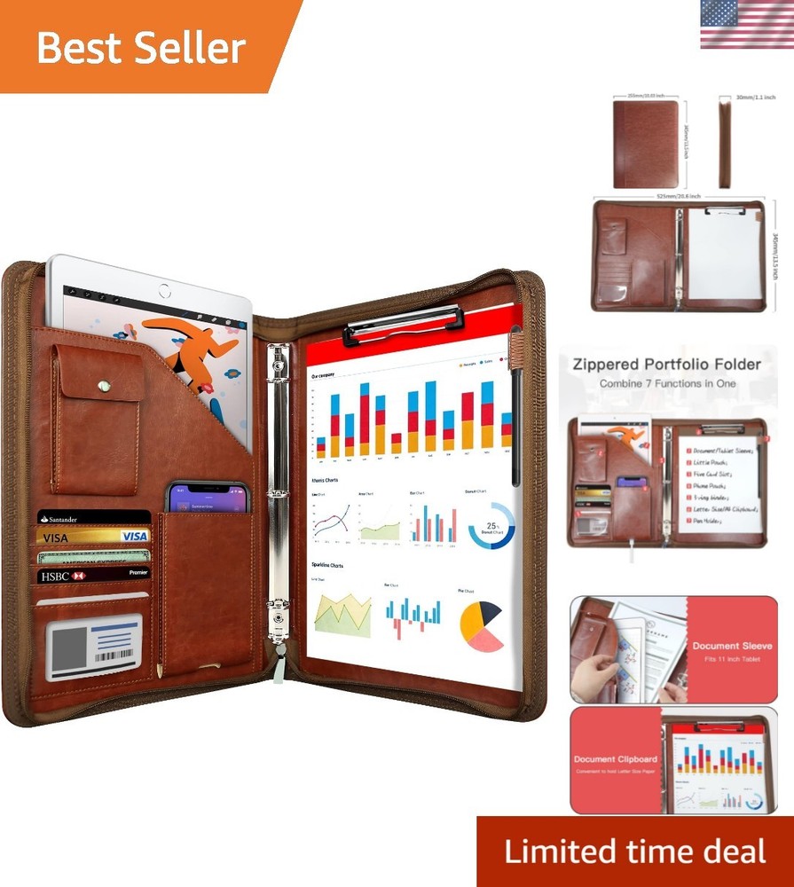 Zippered Portfolio Organizer, Leather Padfolio with 3 Ring Binder, Profession…