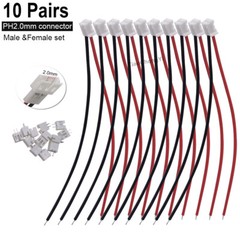 10 Pairs Mini Micro 2.0 PH 2.0mm 2-Pin Connector Plug with Wires Cables 10cm