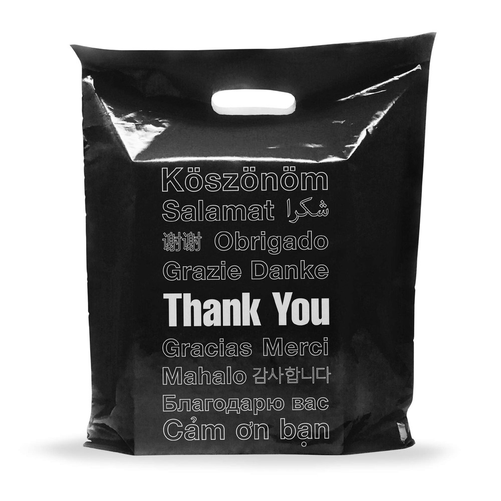 12×15 Black Thank You Merchandise Bags, Multi-Language Design, Medium Size, 1…