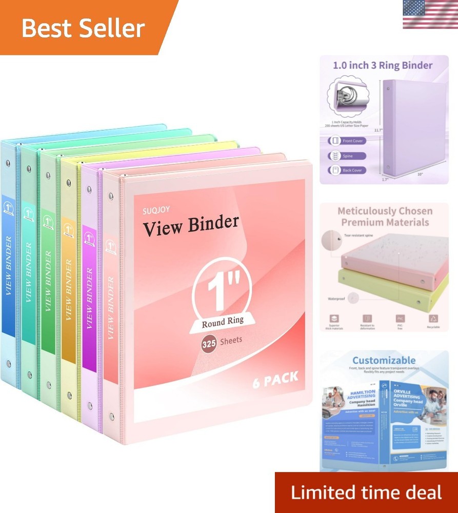 1″ 3-Ring Binder, 1-inch Pastel Color Binders with 2 Inside Pockets, Clear Vi…