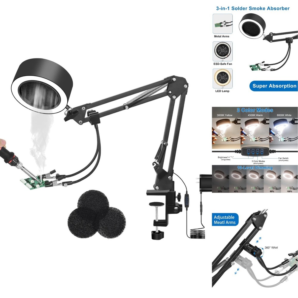 3-in-1 Solder Fume Extractor Smoke Absorber Fan LED Lamp with 2 Helping Hand ESD