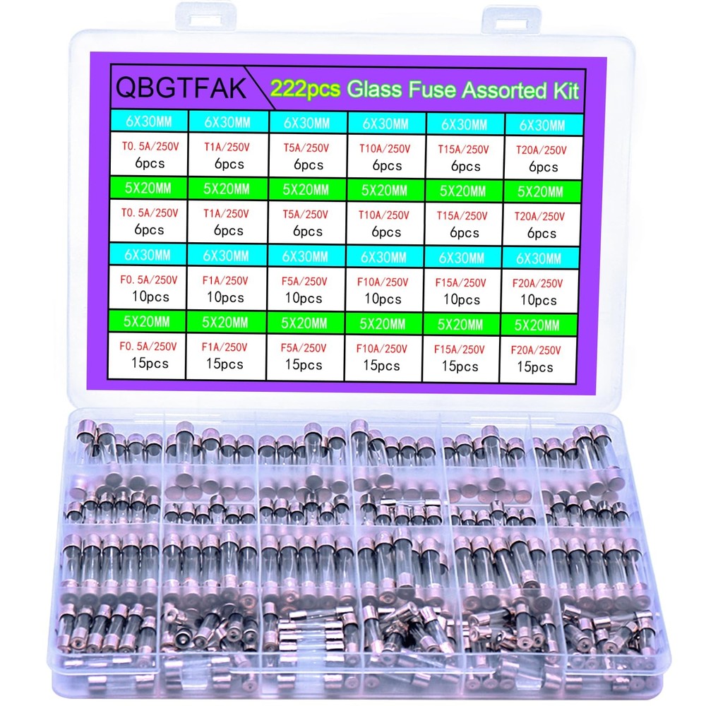 24 Values 222Pcs 250V Fast Slow Blow Glass Fuses Assorted Kit 6X30MM 250V T 0.5A