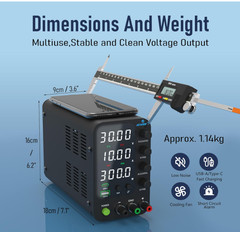 Fuente DC regulable 0-32V 10A con perilla de precisión, USB-C y pantalla LED. Nu