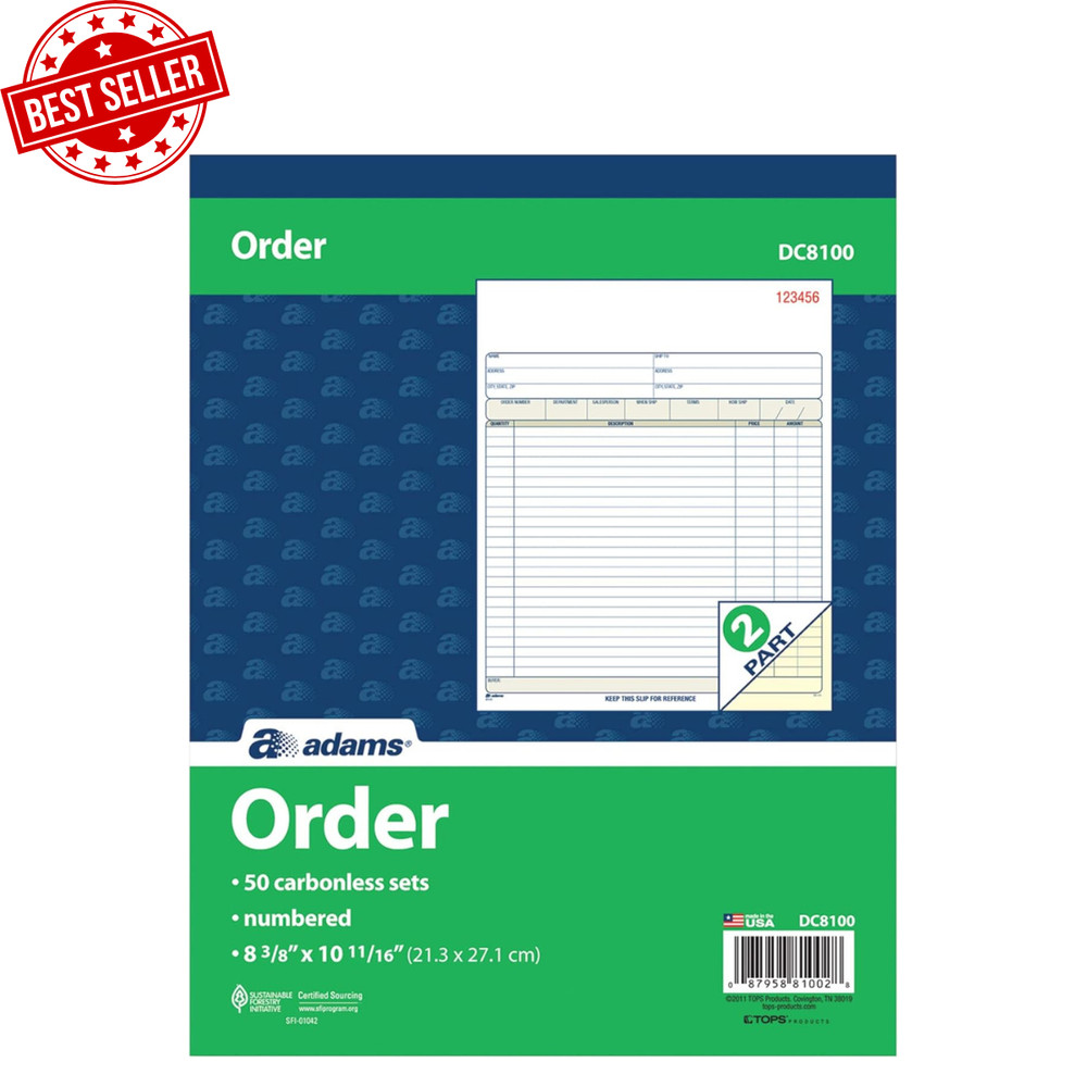 Adams Order Book, 2-Part, Carbonless, White/Canary, 8-3/8 x 10-11/16 Inches, 50