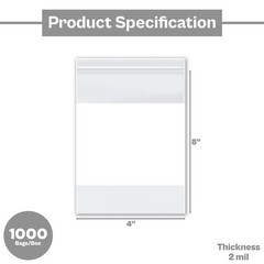 1000 Clear 2 Mil Reclosable Plastic Poly Bags Top Seal 4″ x 8″ with White Block