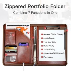Zippered Portfolio Organizer, Leather Padfolio with 3 Ring Binder, Profession…