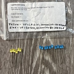 Lighthouse LED’s Yellow VF= 1.9 – 2.1V; Blue VF = 3.0-3.4V, 16 3mm Ultra Bright