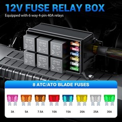 12V Automotive Relay Box, 6 Way Relay Fuse Box 12 AWG Pre-Wired Fuse Circuit Box