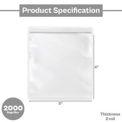 2000 Packs 3 x 4″ Relock Zip Slide Top Lock Bags Clear 2 Mil Reclosable Baggies