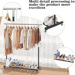 Adjustable Black Metal Rolling Garment Rack – Space-Saving, Portable, Heavy-Duty