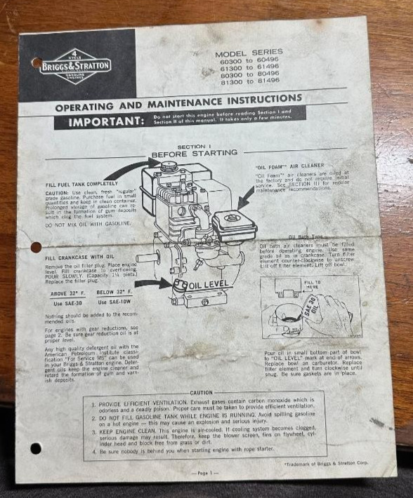 Briggs & Stratton Equipment Operating and Maintenance Manual 60300 – 81496