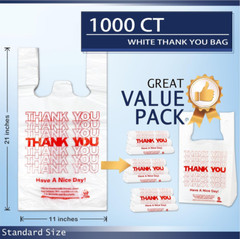 1000 Count White Disposable Thank You Bags with Handles – 11”X6”X21” Plastic