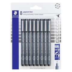 STAEDTLER Pigment Liner Fineliner Pens, Black, 8 Pack Assorted Tip Black