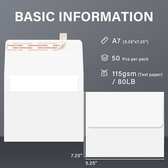 100 Blank White Invitation Envelopes 5.25″x7.25″ A7 for Wedding Card Self Seal