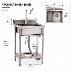 Stainless Steel Kitchen Sink, Freestanding Commercial Single Bowl Utility Sink