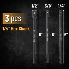 Bates- Impact Socket Adapter Set, 3 pcs, 6-Inch, 1/4″, 3 6 Inch, Black