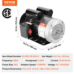 VEVOR 2HP Electric Motor 1725RPM 56C Frame 1-Phase 5/8″ Keyed Shaft AC115V/230V