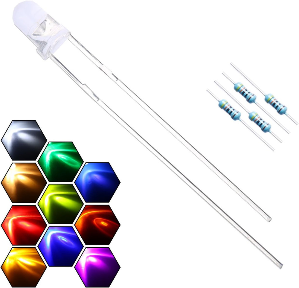 200PCS 3mm LED Assorted Kit 10 Colors With 300 Resistors DC 6-12V Lights