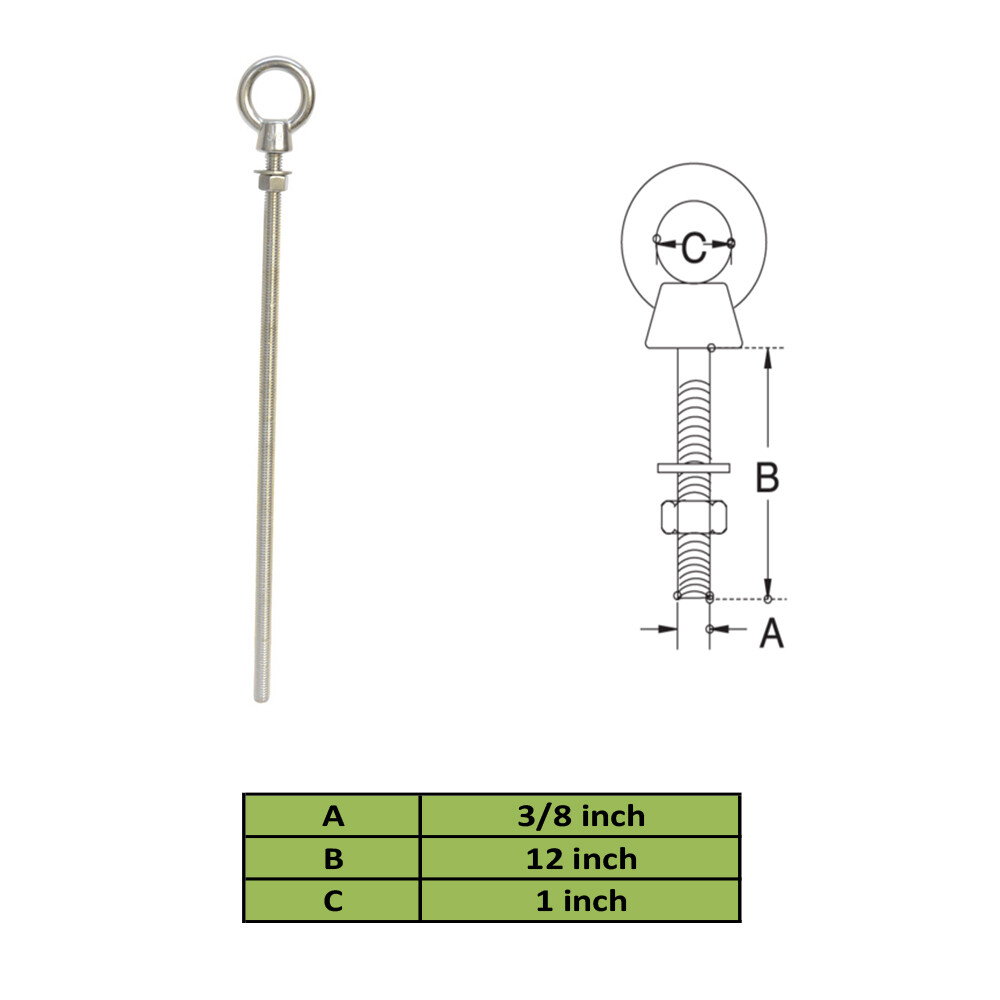 WLL 1,050 Pounds 3/8 Inch x 12 Inch SS316 Marine Turned Eye Bolt Nut Washer