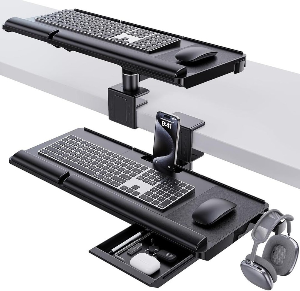 Klearlook Upgraded Adjustable Keyboard Tray Above & Under Desk 360° Rotation