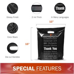 12×15 Black Thank You Merchandise Bags, Multi-Language Design, Medium Size, 1…