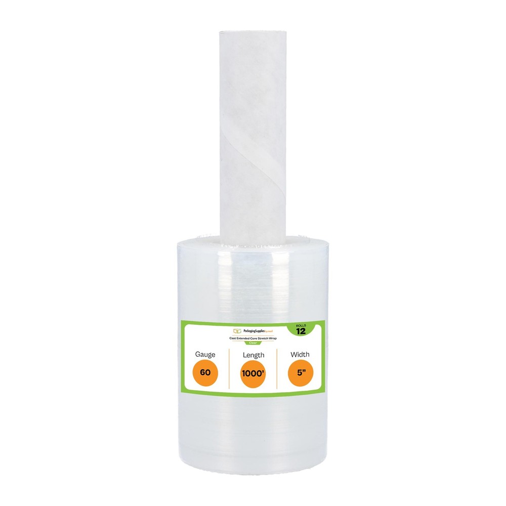 12 Rolls 5″x1000′ 60 Ga Extended Core Clear Stretch Wrap Banding Film w/ Handle