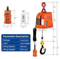 3 in 1 Electric Hoist Winch,2200 lbs Manual/Wired/Wireless Remote Control,110…