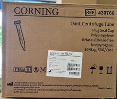 Corning 15mL Centrifuge Tube RNase/DNase-Free, 500 /CS, REF 430766, Sterile R