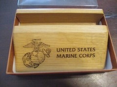 UNITED STATES MARINE CORPS OAK WOODEN BUSINESS CARD HOLDER LAZER ETCHED IOB