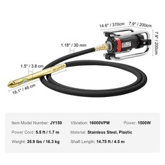 Electric Concrete Vibrator, 1300W 16000 VPM, 2HP Copper Motor Handheld Concrete