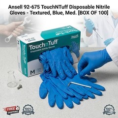 Ansell 92-675 TouchNTuff Nitrile Gloves Blue Textured Size M Box of 100 Protecti