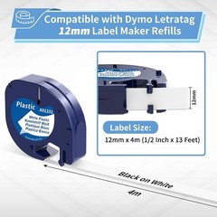 7PK Dymo Letratag Refill 91331 91330 White Plastic Label Tape 12mm LT-100H 1/2″