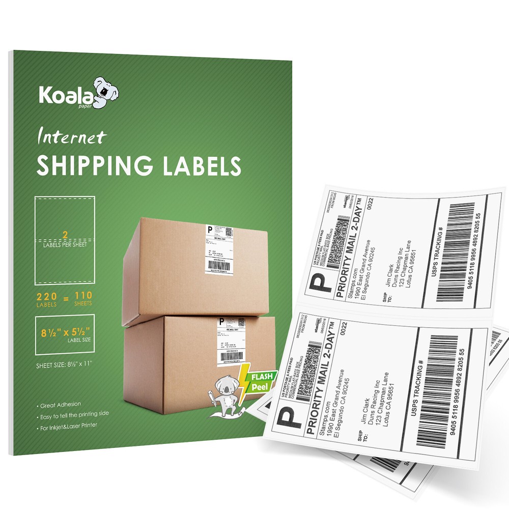 110 Sheets 220 Half Sheet Shipping Labels 8.5 x 5.5 Self Adhesive 200 + 20 EXTRA