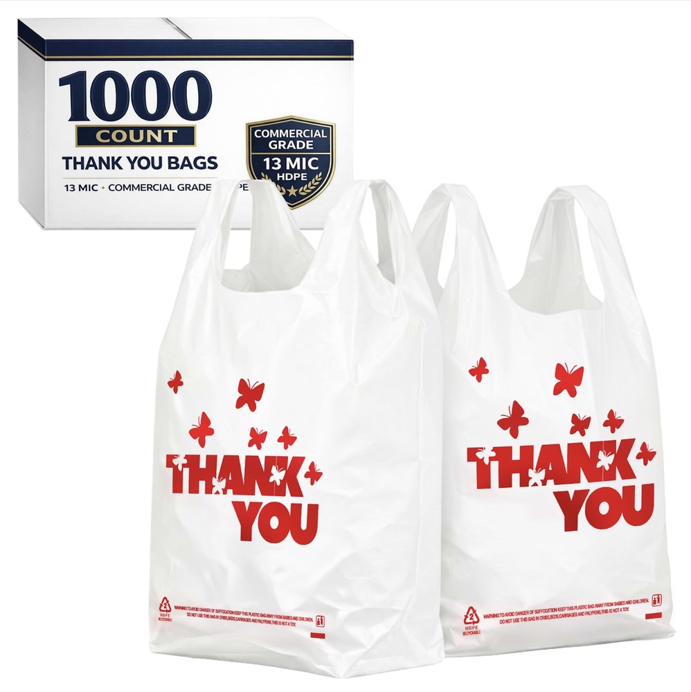 1000PACK Thank you bags, T shirt bags, White Plastic Bags with Handles, Grocery