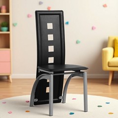 4pcs Dining Chairs – High Back Square Cutout Design, Chrome Legs & PU Leather