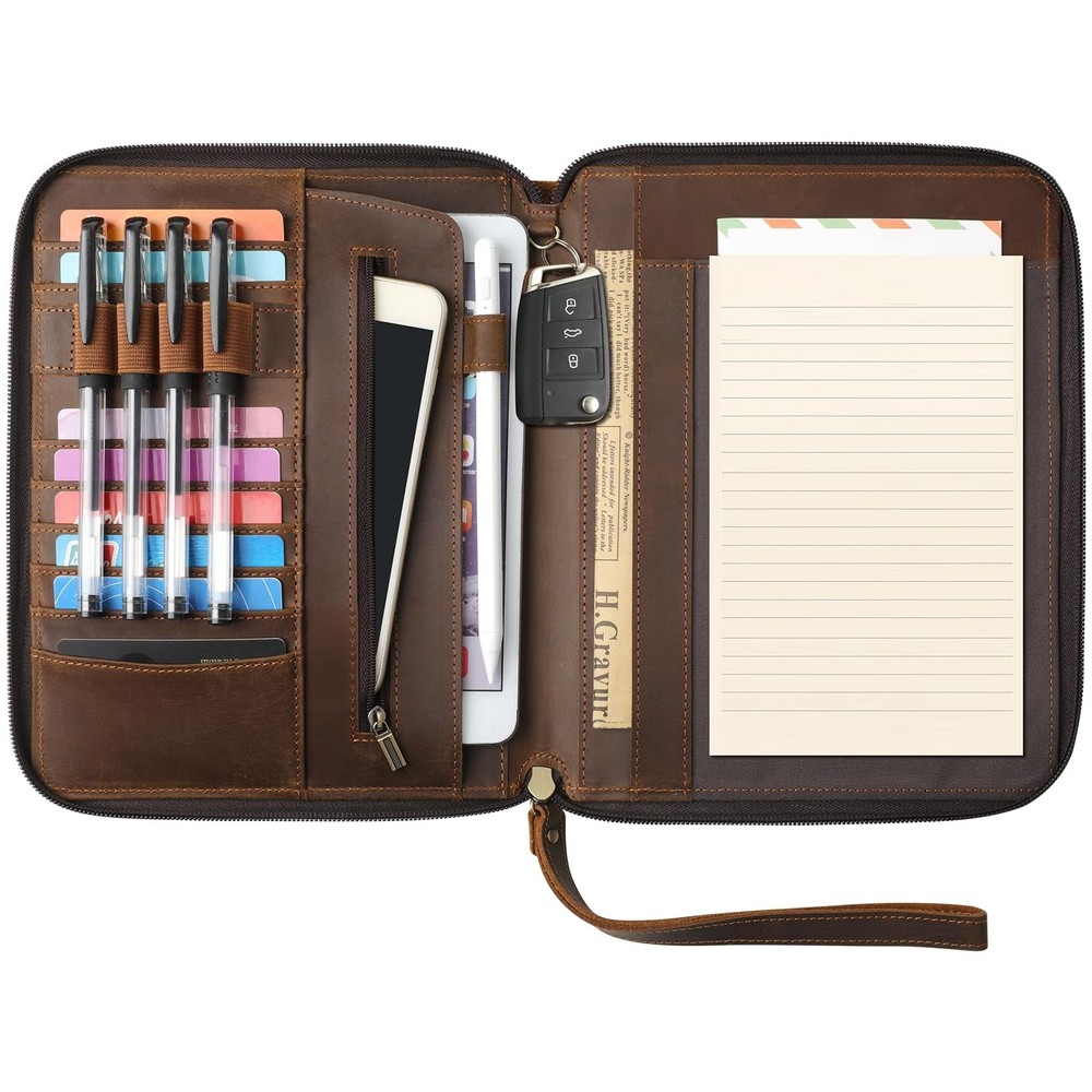Genuine Leather Portfolio with Zipper, Padfolio Portfolio Organizer Folder fo…
