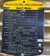 BALDOR SUPER E MOTOR 15 HP MODEL CEM2333T 2YBA 1765 RPM 230/460 V 3 PH 36 /18 AM